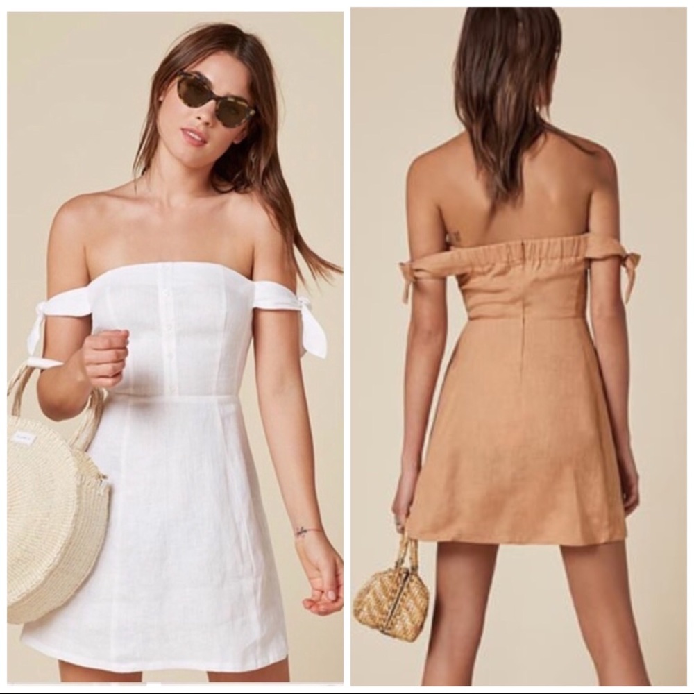 Reformation Arnaut off shoulder arm ties white black striped linen mini dress - Picture 2 of 9